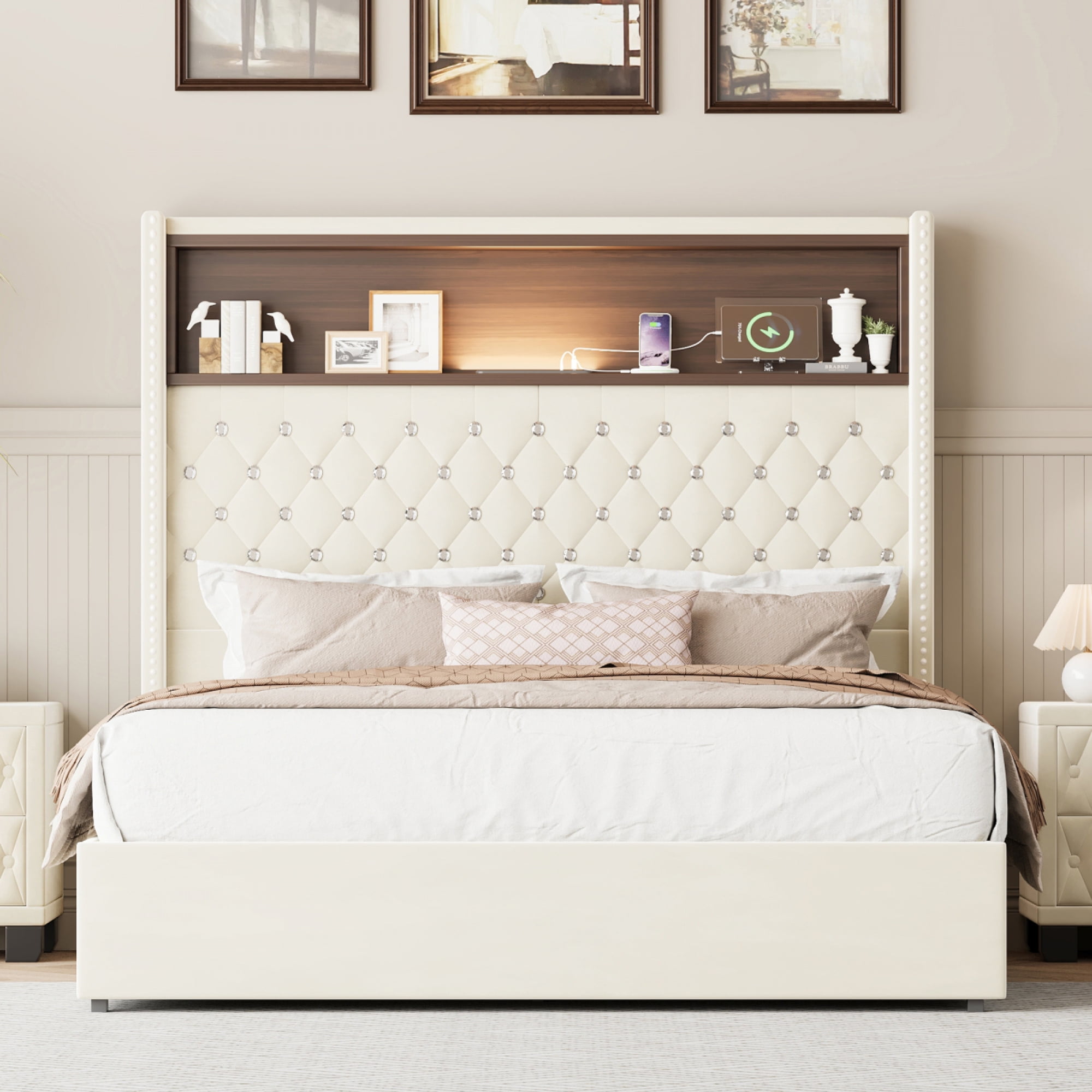 Full Size Velvet Tufted Wing-back Bed Frame - 52'' High Rivet Headboard with Shelf, USB Port & Night Light, Soft Platform Bed,Beige