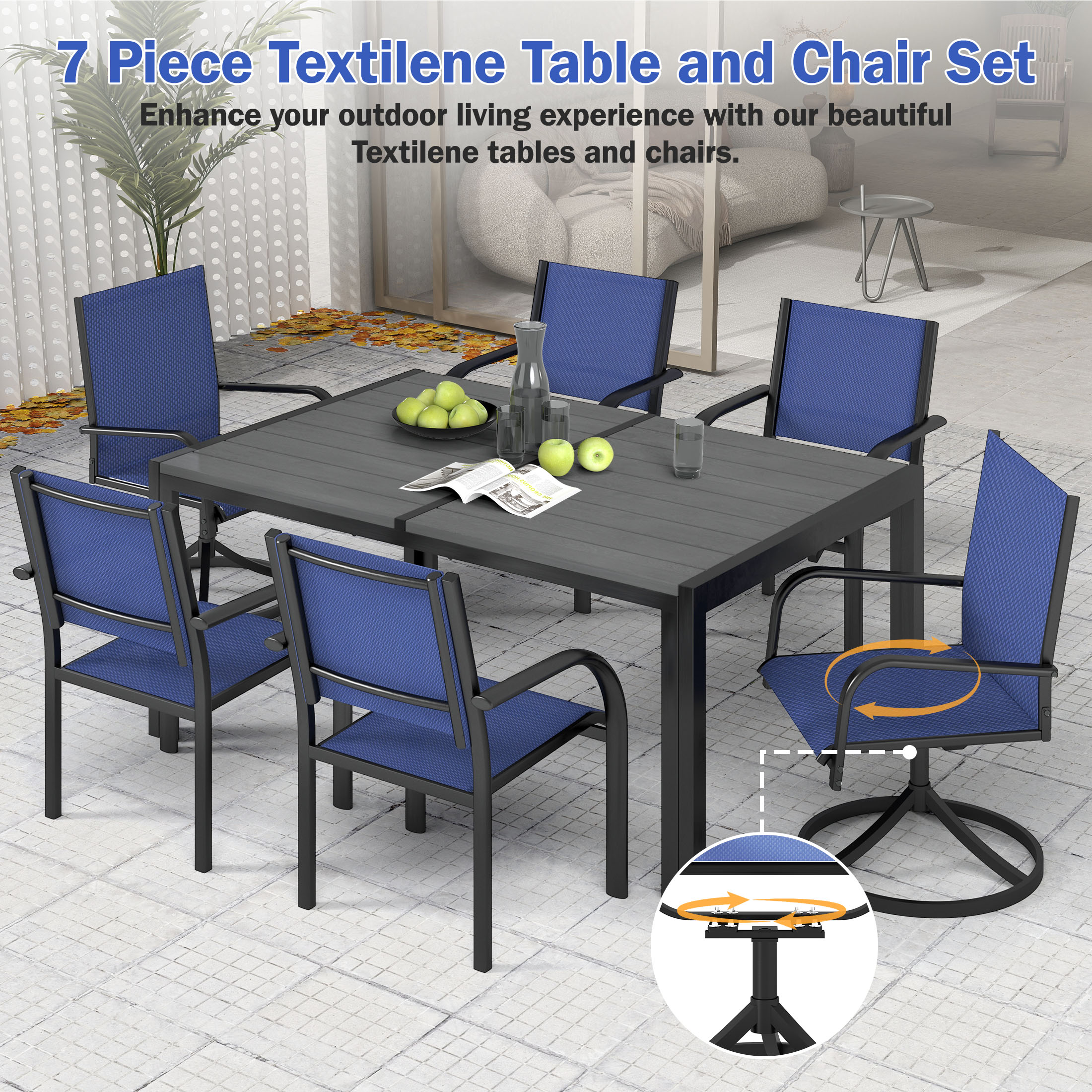 Patio Dining Set, Enyopro 7 Piece Outdoor Dining Set for 6, Patio Dining Furniture set with Swivel Textilence Chairs and Dining Table, for Garden Patio Backyard, Blue