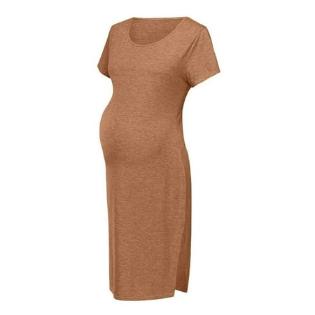 

gakvbuo Maternity Dress For Women Plus Size Summer Baby Shower Pregnancy Dresses For Photoshoot Maternity Clothing Short Sleeve Round Neck Middle Long Split Skirt Knitted Maternity Dress