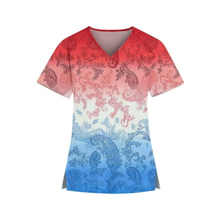 

Yubatuo Independence Day Women Plus Size Scrubs Top with Pockets V-Neck Short Sleeve Printed Work Blouse for Women Red 5XL