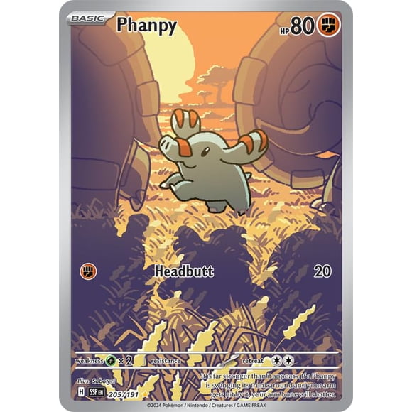 Carta Pokémon Phanpy 205/191 Surging Sparks Rara con Brillo Ilustración