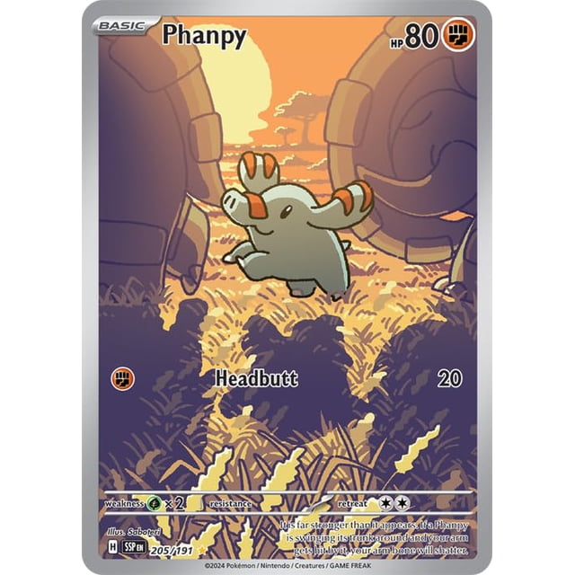 Carta Pokémon Phanpy 205/191 Surging Sparks Rara con Brillo Ilustración