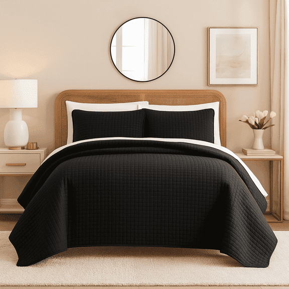 DBOZE Oversized Queen 3 Piece Lightweight Quilt Set Soft Cotton Blend Bedspread with Diamond Embroidery Black
