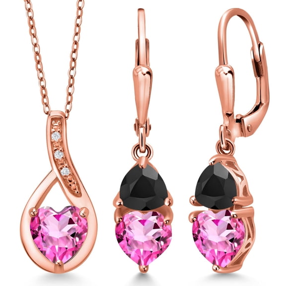 Gem Stone King 18K Rose Gold Plated Silver Pink Mystic Topaz and Black Onyx Pendant Earrings Set for Women (3.92 Cttw, Gemstone Birthstone, with 18 inch Chain)