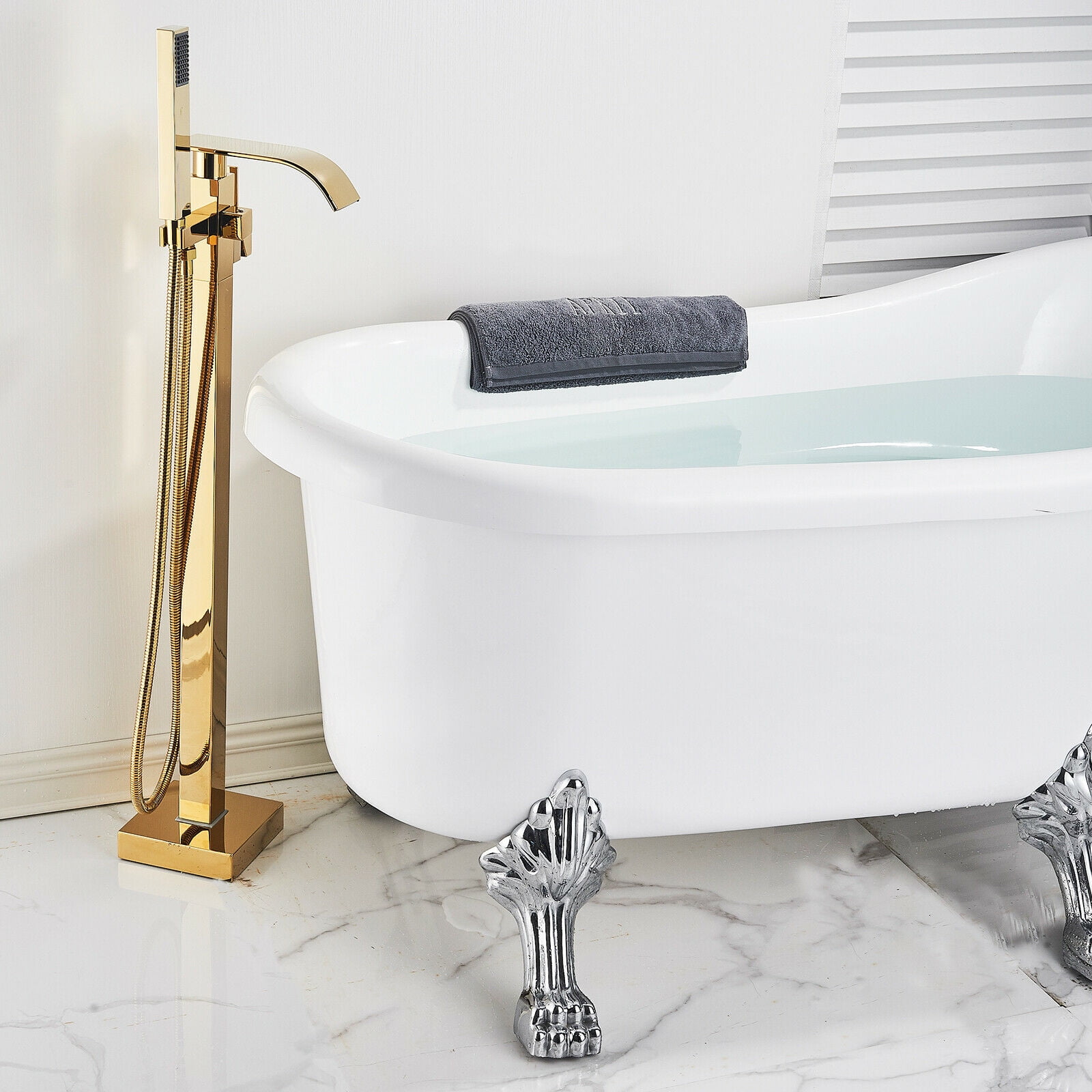 Zovajonia Gold Free Standing Floor Mount Bathtub Mixer Faucet Waterfall Tub Filler Sprayer