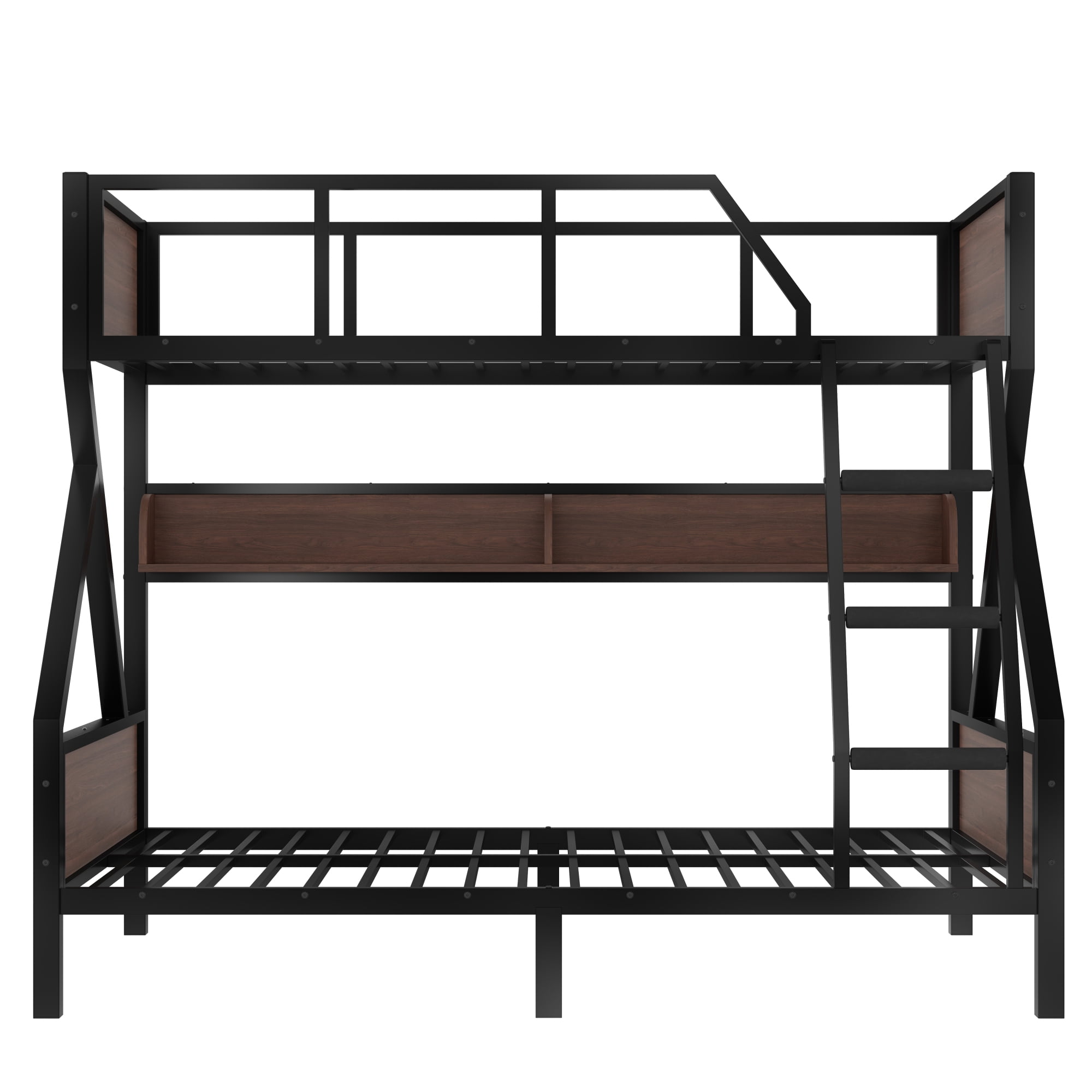 Twin Over Full Size Bunk Bed with Storage Shelves & LED Light, Metal Bunk Bed Frame with Wood Board & Sturdy Slats, Heavy Duty Bed Frame, Noise Free