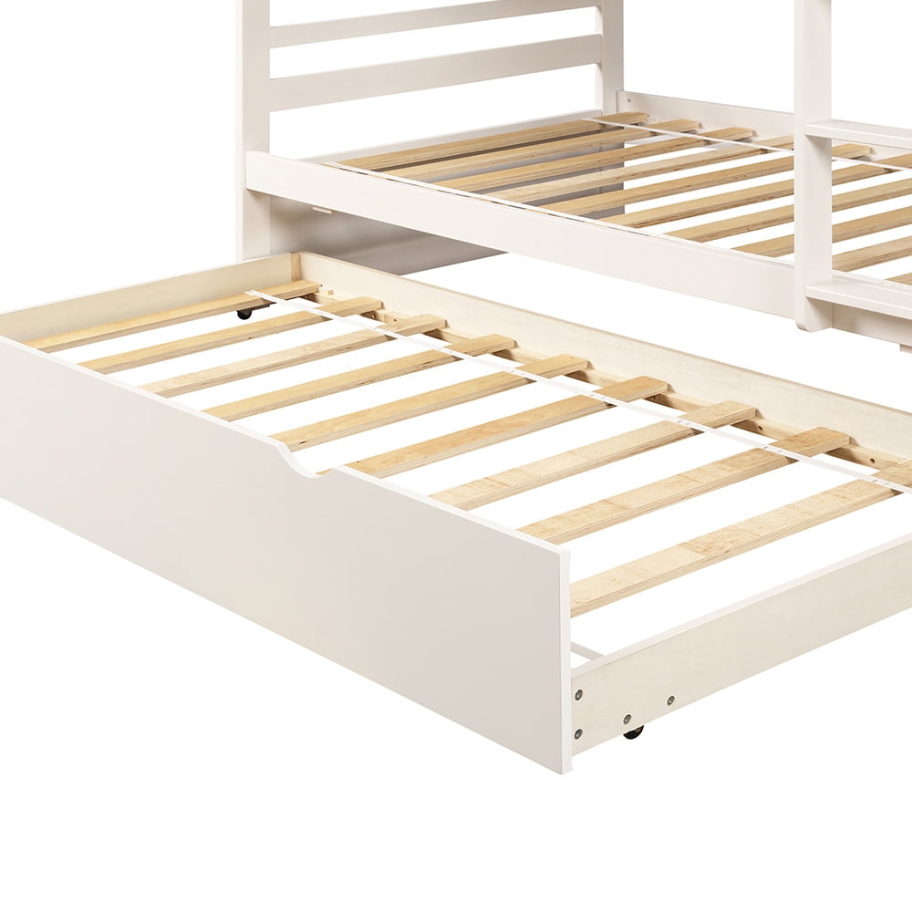 Kepooman Twin Over Twin Solid Wood Bunk Bed with Trundle & Ladder, White Kepooman Twin Over Twin Solid Wood Bunk Bed with Trundle & Ladder, White