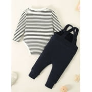 CARETOO Baby Boy Clothes 2Pcs Infant Boy Overalls Outfits Baby Striped Romper Jumpsuits Set Cotton Fabric Newborn Cute Casual Bodysuit 0-24M