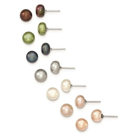 - Sterling Silver Set of 7 Pairs 8-9mm FW Cultured Pearl Studs Earring 9mm x 9mm