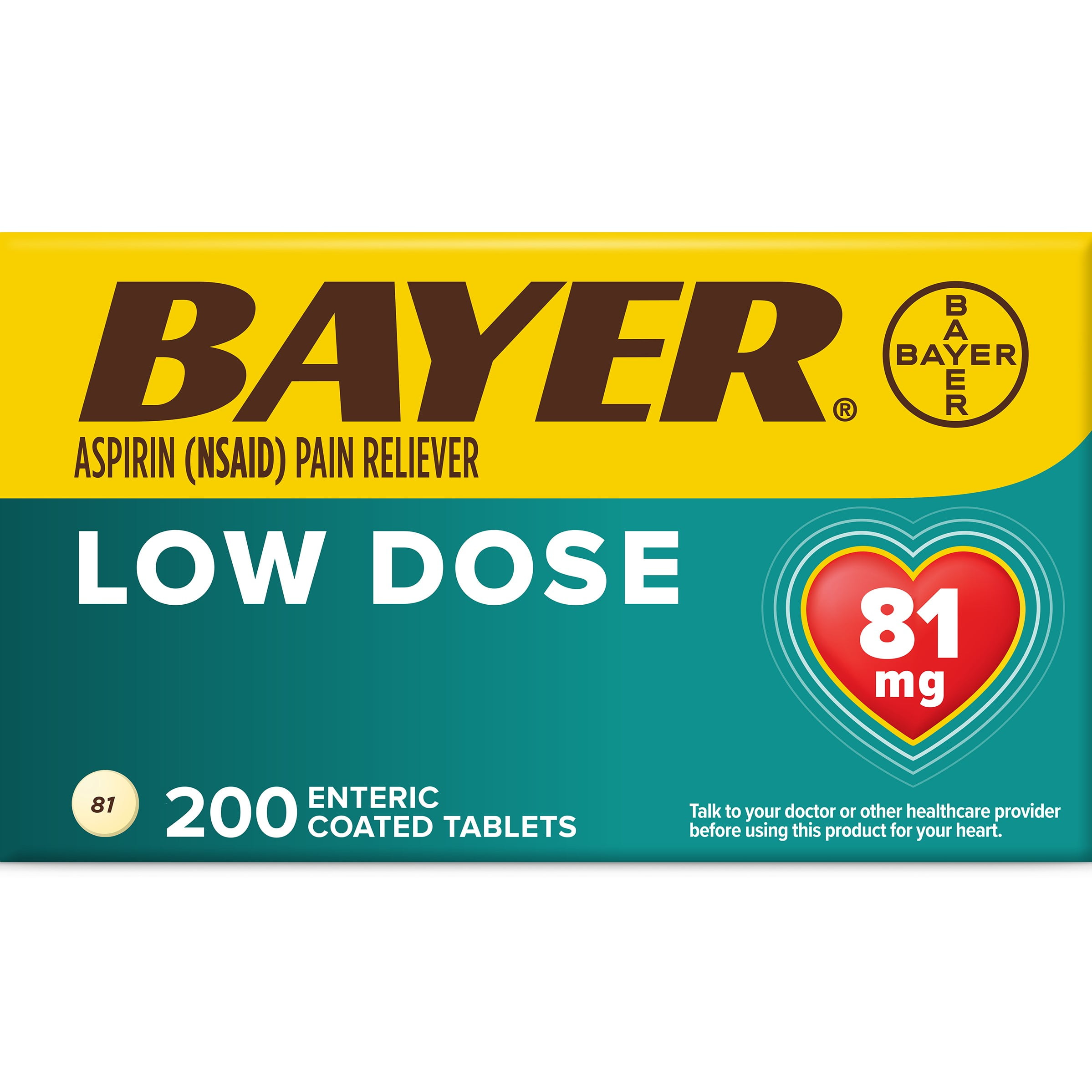 Aspirin Regimen Bayer Low Dose Pain Reliever Enteric Coated Tablets, 81mg, 200 Ct