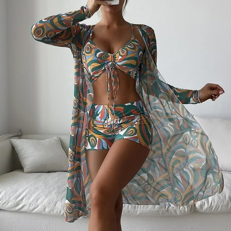 Awdenio Two Piece Swimsuit for Women 3 Pcs Swimsuit Printed Ruched Long Sleeve Robe Bikini Shorts Swimwear