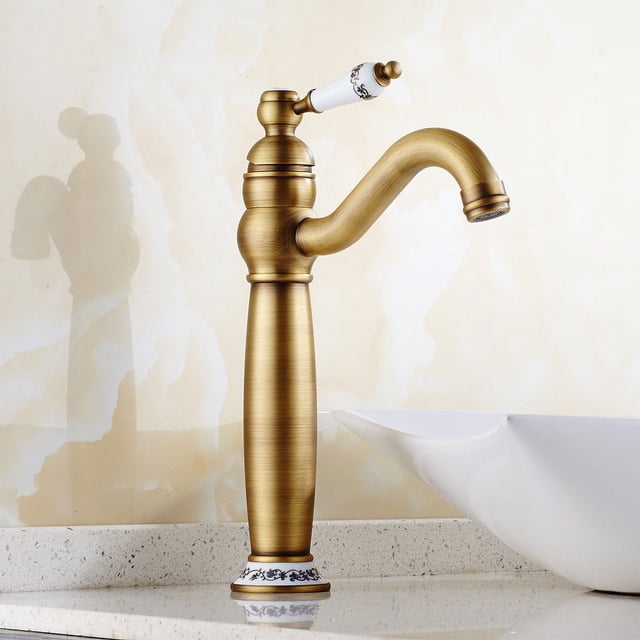 Lavabo de estilo europeo antiguo de cobre con agua caliente y fría, lavabo de encimera, lavabo de baño retro de un solo orificio, grifo giratorio