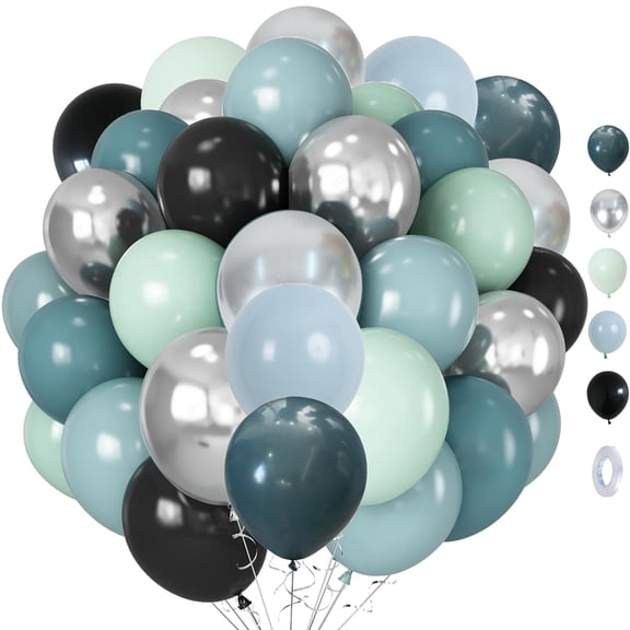 Dusty Blue and Black Balloons, 60pcs 12 Inch Blue Black Metallic Silver Latex Balloons for Birthday Anniversary Graduations Party Decorations