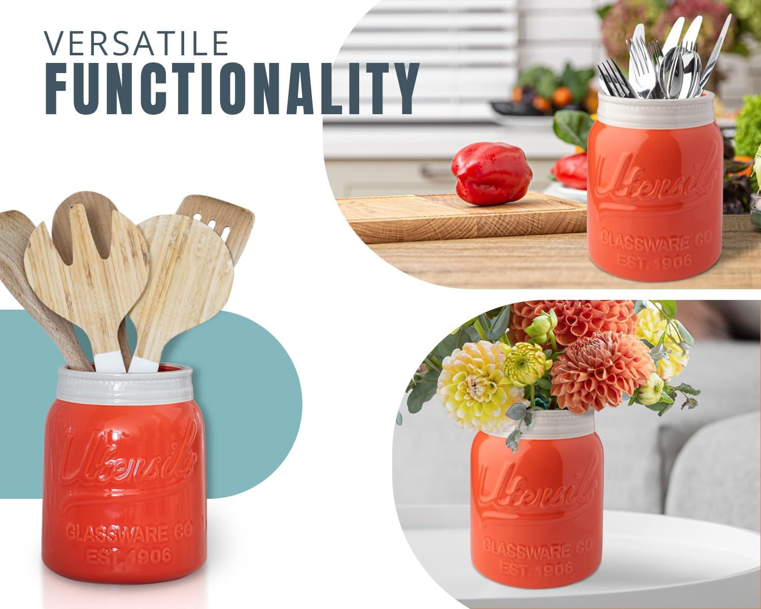 Comfify Ceramic Mason Jar Utensil Holder Countertop Crock, Coral