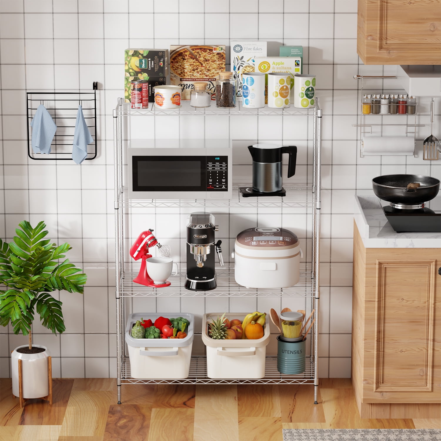 BestOffice 4 Tier Shelving Unit 35.4"L x 13.3"W x 53.7"H Metal Shelving Standing Storage Shelf with 4 Steel Frame Adjustable Layer Kitchen, Garage (Chrome)