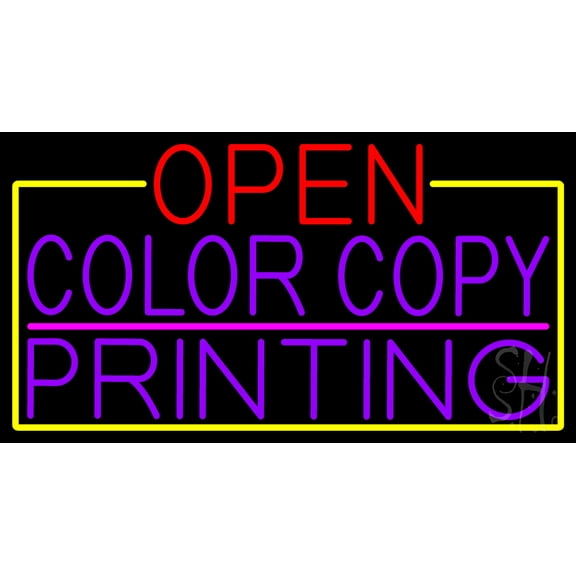 Open Color Copy Printing With Yellow Border LED Neon Sign 13 x 24 - inches, Clear Edge Cut Acrylic Backing, with Dimmer - Bright and Premium built indoor Neon Sign for Computer & Electronics store.