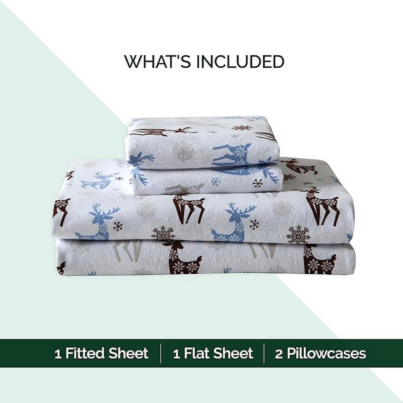 Elegant Comfort - 4 PIECE Holiday Christmas Flannel Cotton Sheet Set, Deep Pocket Fitted - Twin XL, Brown Deer