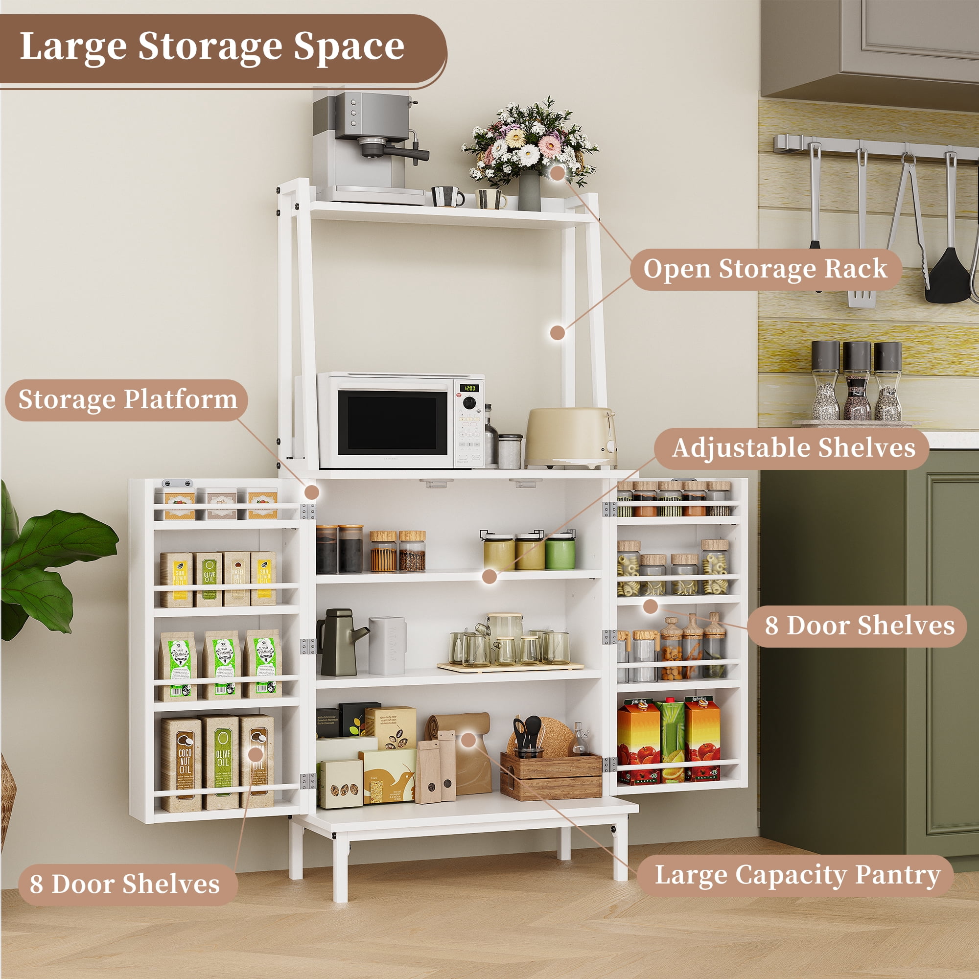 51” Pantry Cabinets with Microwave Shelves, Freestanding Kitchen Pantry Storage Cabinet with Adjustable Shelves, Buffet Cupboards Storage Cabinet for Kitchen, Dining Room, Living Room Use (White)