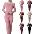 thumbnail image 5 of Xfvqtps Thermal Underwear for Women Pullover Solid Color Stripe Long Sleeve Round Neck Fitting Stretch Cozy Soft Comfortable Warm Fall Winter Top and Long Pants Pajama Set Brown, 5 of 7