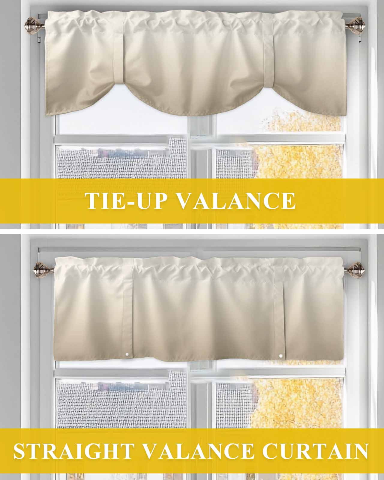 Beige Brown Tie Up Valances Curtain, Adjustable Kitchen Gradient Solid Color Ombre Modern Art Valances for Windows Decor, Rod Pocket Short Curtains Set for Bedroom/Bathroom, 60"x18"