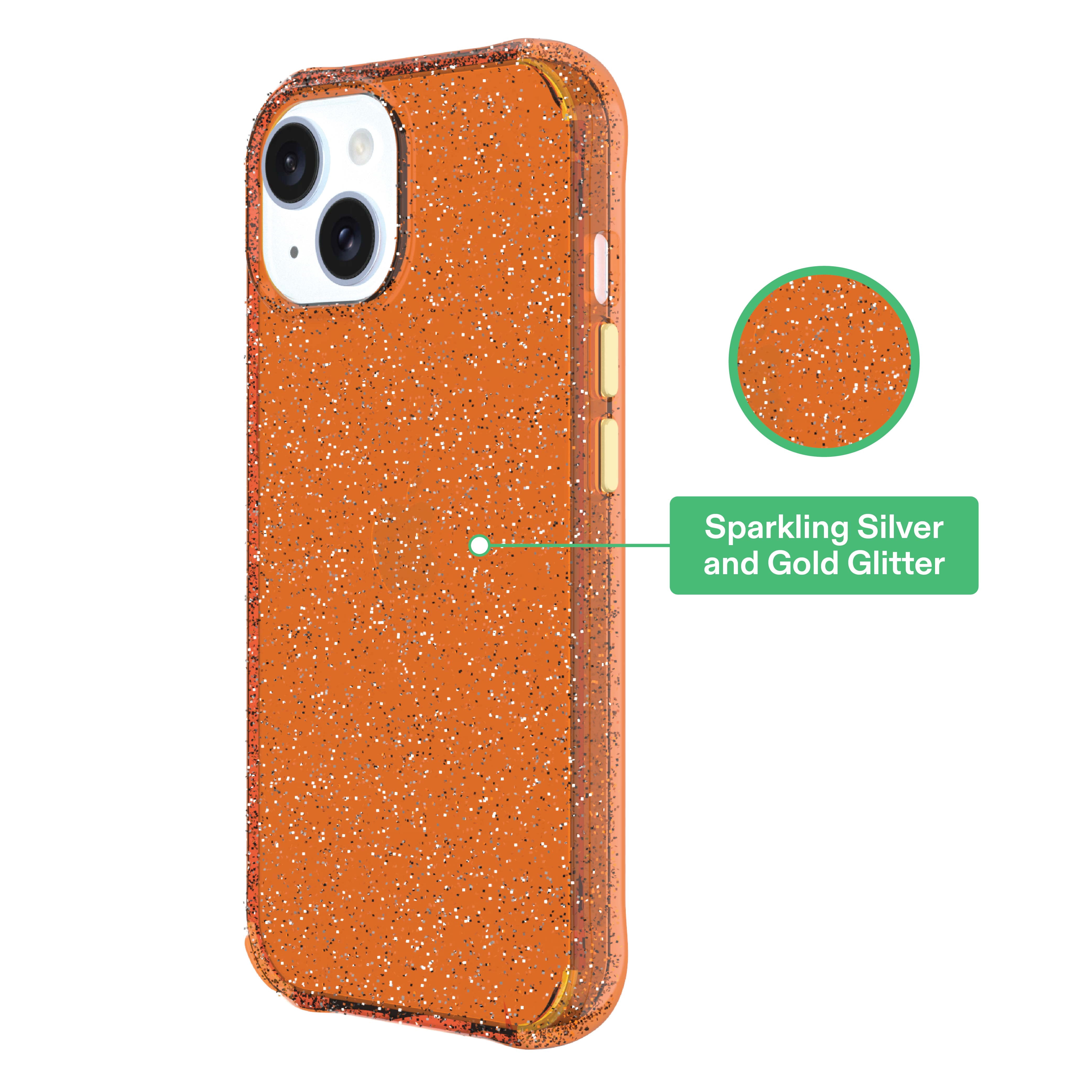 onn Sparkle Phone Case for iPhone 17e / iPhone 16e / iPhone 15 / iPhone 14 / iPhone 13 - Orange with Gold Glitter