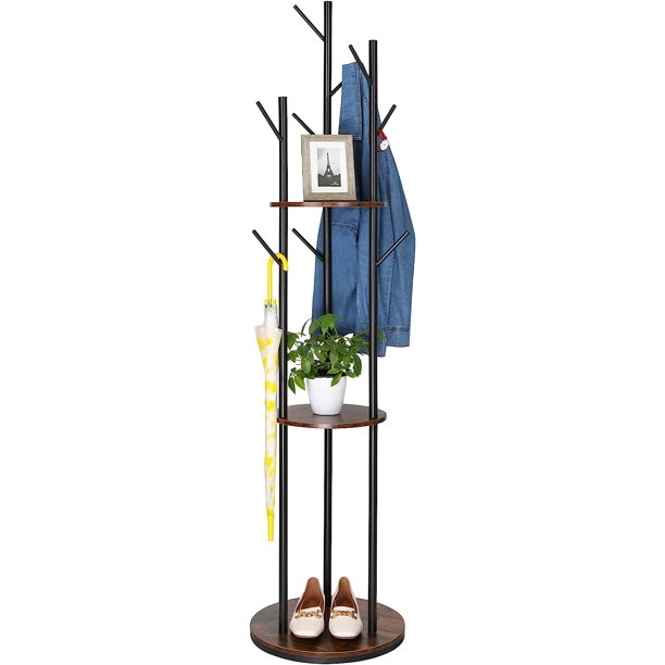 Rotary Coat Rack Freestanding Industrial Style Wood Metal Coat Tree