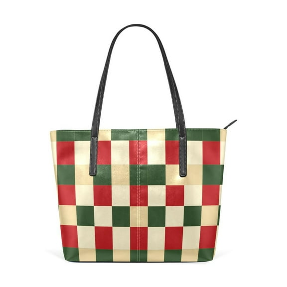 Tote Bag Aesthetic leather Handbags with Zipper for Women Travel Shoulder Bags Purses with compartment. Red Green Checkerboard