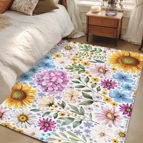 Area Rug for Living Room, Sunflower Non-Slip Indoor Large Carpet for Bedroom/Dining Room, Colorful Flowers Summer Botanical Watercolor Washable Low-Profile Rectangle Floor Runner Rugs - 4 x 6 Ft