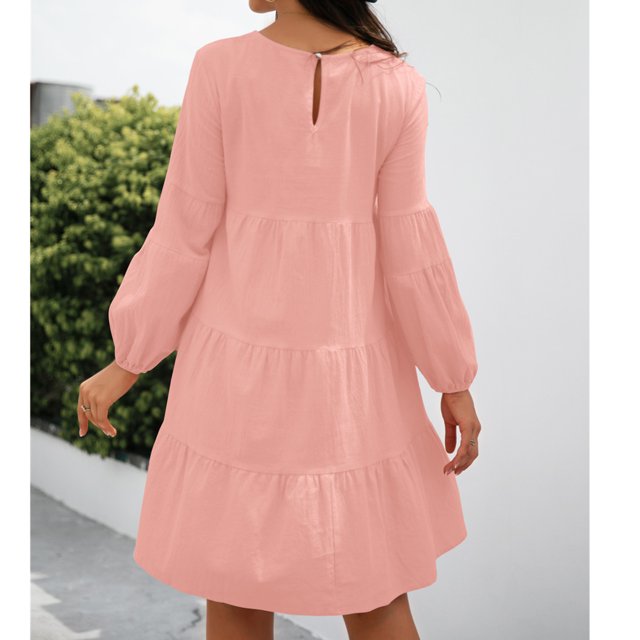 Femmes Robe Décontractée, Robe à Col Rond Manches Bouffantes Confortable Fluide Respirant Léger pour Bureau pour Dame de Vacances Rose, Noir, Mandarine