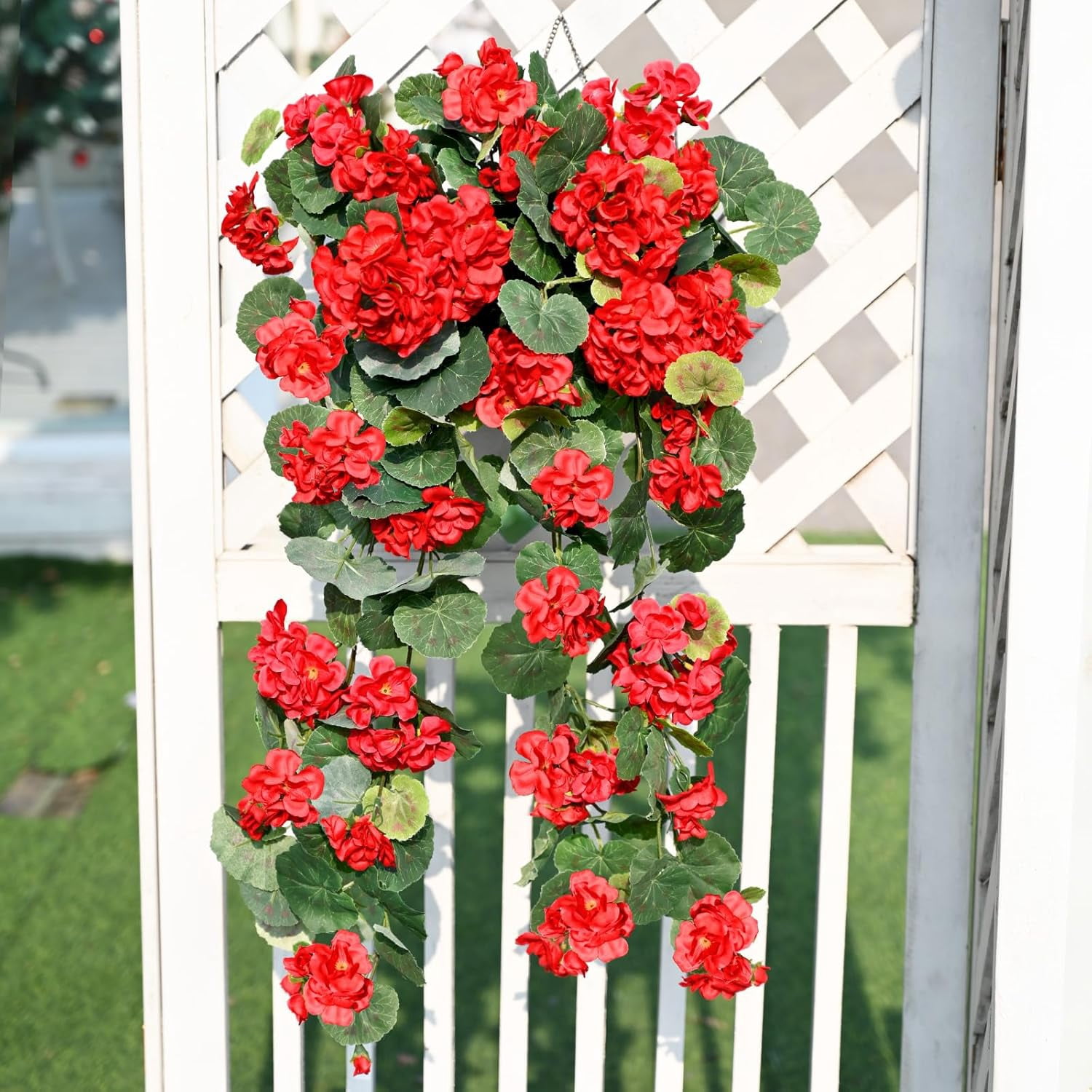 Waipfaru Artificial Hanging Flowers for Outdoors, 4Pcs UV Resistant Faux Silk Geranium Fake Flowers for Garden Porch Window Home Decor(Red)