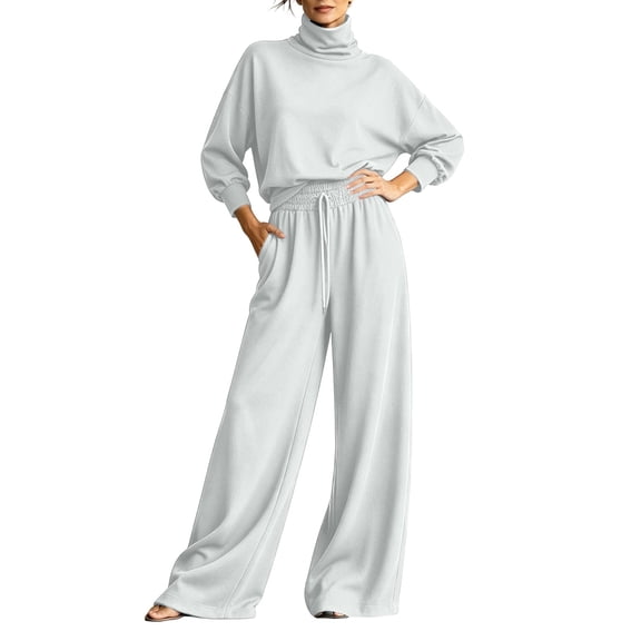 vdgthytj Sweatsuits Women 2 Piece Outfit Long Sleeve Turtleneck Drop Shoulder Tops Drawstring Wide Leg Pants Fall Athleisure Sets(X-Large,White)