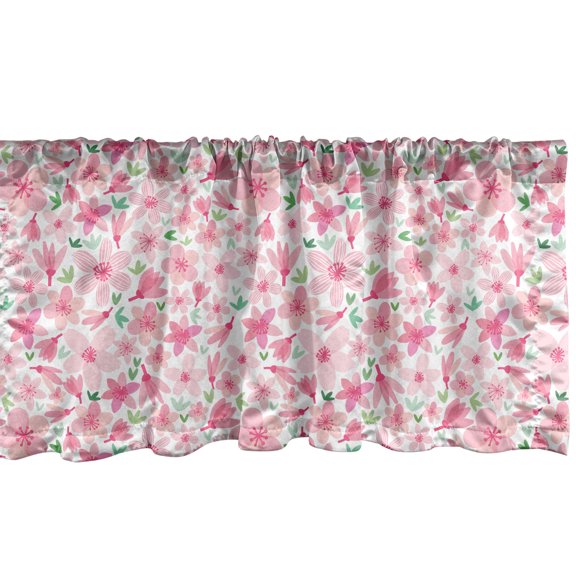 Ambesonne Cherry Blossom Valance Pack of 2, Mingled Blossom, 54"X12", Pink Rose and Green
