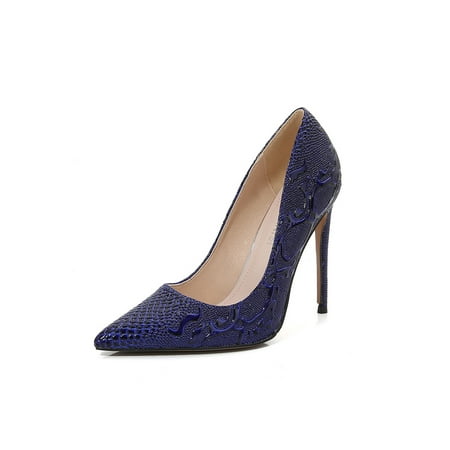 

Ritualay Womens Pumps Slip On Stiletto Heels Pointed Toe Dress Shoes Snake Print Comfort Party Wedding High Heel Blue 10
