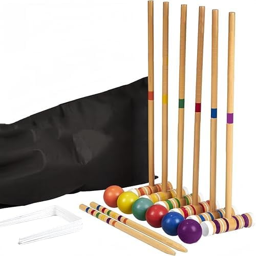Square Croquet Game for Six Players, with 6 Quality Clubs, Poles, Colored Balls, Goals, a Portable Storage Bag, Outdoor Family - Lawn, Back Garden, Park Games, Suitable for Adults/Teenagers