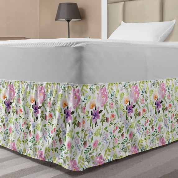 Watercolor Bed Skirt, Various Flowers Flourishing Spring Meadow Gentle Blooms Feminine Design Romantic, Elastic Bedskirt Dust Ruffle Wrap Around for Bedding Decor, 4 Sizes, Multicolor, by Ambesonne