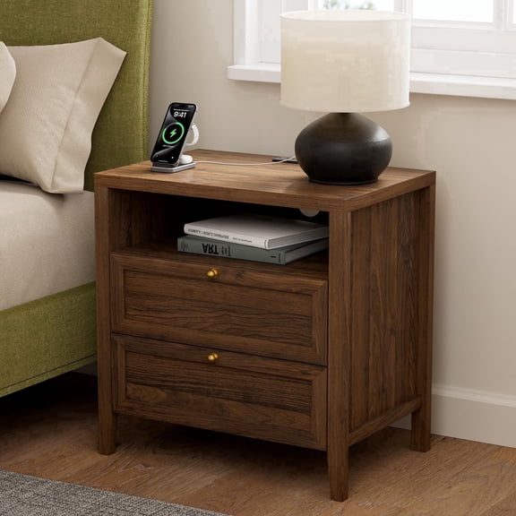 EYYTHUNG Modern Nightstands with 2 Drawers Wooden End Table with Charging Station Farmhouse Night Stand Bedside Side Table with Storage Open Shelf, Brown