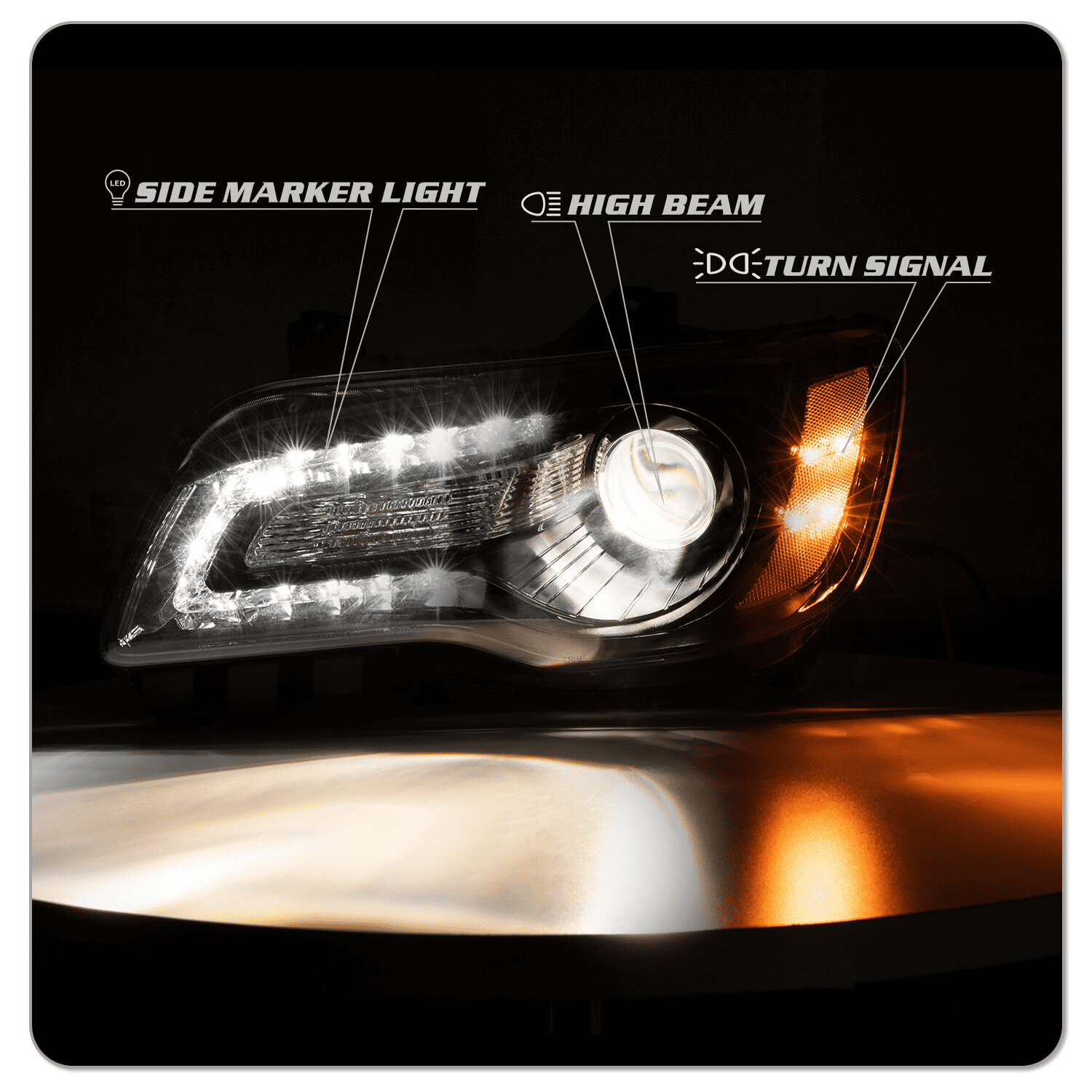 Titans Motors LED DRL Projector Headlights for 2011–2023 Chrysler 300 — Black Housing Headlamp Assembly with Bulbs, Left and Right Pair