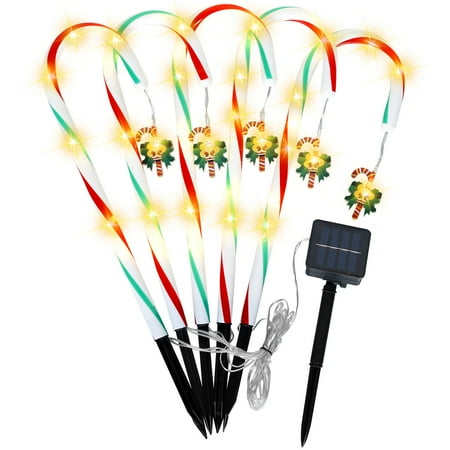 

5Pack Solar Powered Candy Cane Lights Christmas Walking Stick Stake Light with 8 Light Modes and Pendant