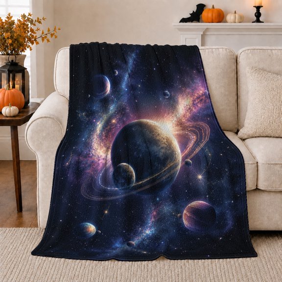 Majestic Ringed Planet Vibrant Nebula, Mystical Celestial Art Scene, Warm Flannel Blanket for Home Library and Reading Nook, Celestial Art Lovers Housewarming Gift, Celestial Home Decor
