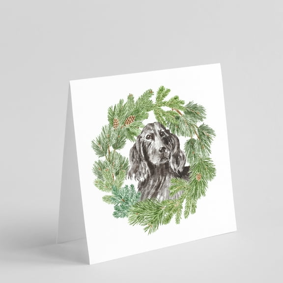 Cocker Spaniel Black with Christmas Wreath Square Greeting Cards and Envelopes Pack of 8 5 in x 5 in