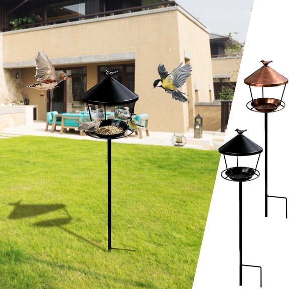 Iron Ground Stake Bird Feeder, No Spill Anti-Squirrel Rust-Proof Metal Design, Weather-Resistant Sturdy Stake Easy to Disassemble Clean Fill for Outdoor Garden Lawn Courtyard Bird Feeding, Brown