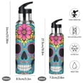 thumbnail image 2 of Blue Skull with Flowers Sports Bottle with Straw Stainless Steel Water Jug Portable Thermal Cup Leak-proof 1000ML, 2 of 9