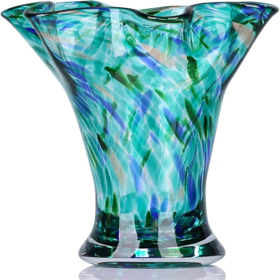 Unique Hand Blown Glass Vase Green Home Dr, Wide Mouth Colorful Flower Vase Centerpieces, for Living Room Table Bookshelf, Bathroom Office Shelf Drative