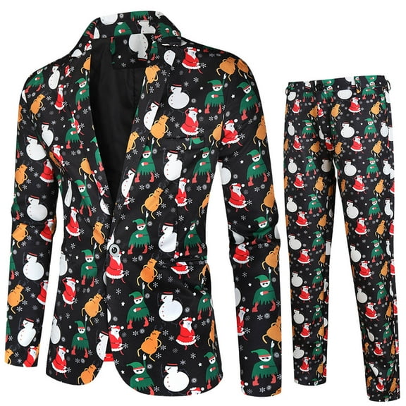 Adult Mens Christmas Suits 2 Piece Ugly Christmas Print Xmas Jacket Blazer And Pant Set Slim Fit Winter Party One Button Christmas Suit