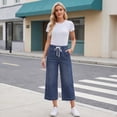 thumbnail image 4 of Elastic Waist Capris for Women Jeans Wide Leg Stretchy Pull On Petite Denim Pants Pull On Loose Denim Capris with Pockets Navy M, 4 of 7