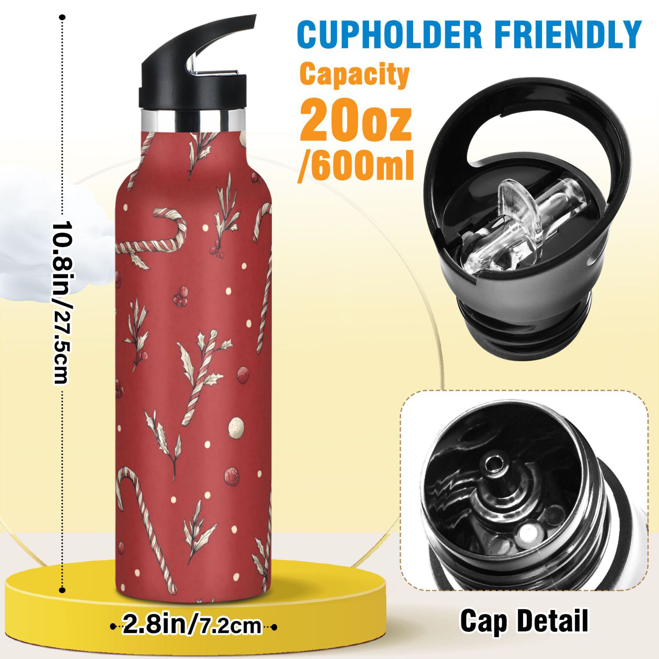 600ML Stainless Steel Insulated Cup Sports Water Bottle Portable Thermos Cup Water Glasses Insulated Tumblers Convenient and Durable Red Christmas Candy Cane