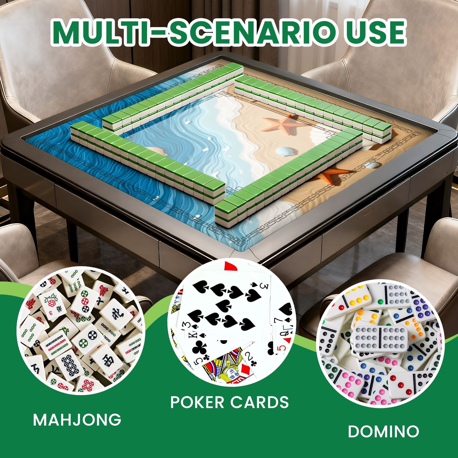 Mahjong Mat 31.5" x 31.5" Beach Starfish Seashells Layered Ocean Waves Non-Slip Noise Reduction American Mahjong Tiles Table Cover for Dominoes Poker Card Board Games Gift