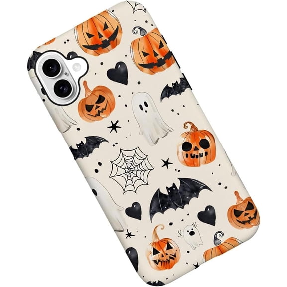 Case for iPhone 16, Halloween Pumpkin Bat Ghost Phone Case Military-Grade Drop Protection Cover for Women Girl - Frosted