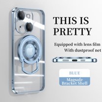 ELEHOLD Plating Case for iPhone 14 6.1",Transparent Clear Back Magnetic Compatible with MagSafe Charging Foldable Kickstand Shockproof Anti-Yellowing Case for iPhone 14,Blue