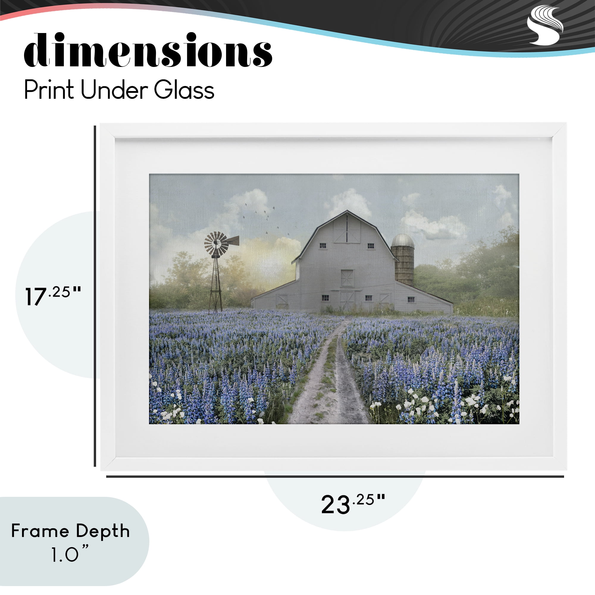 Stupell Industries Meadow of Blue Flowers & Barn White Framed Print Under Glass, design by Nan
